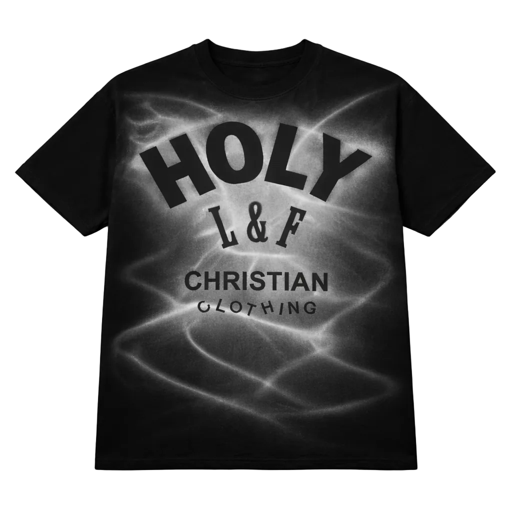 Black t-shirt with 'HOLY L&F CHRISTIAN CLOTHING' text on a white background