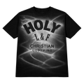 Black t-shirt with 'HOLY L&F CHRISTIAN CLOTHING' text on a white background