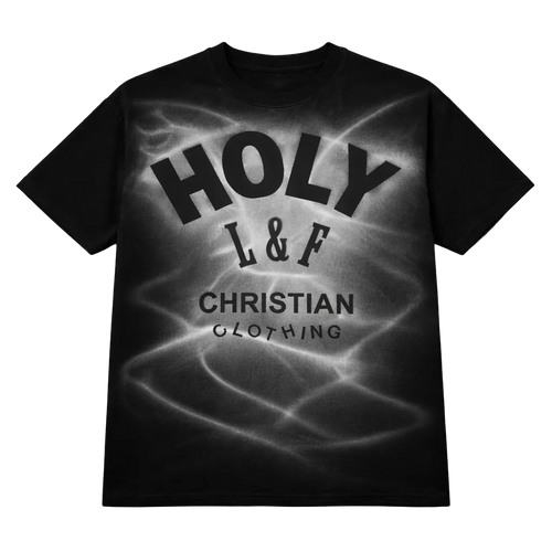 Black t-shirt with 'HOLY L&F CHRISTIAN CLOTHING' text on a white background