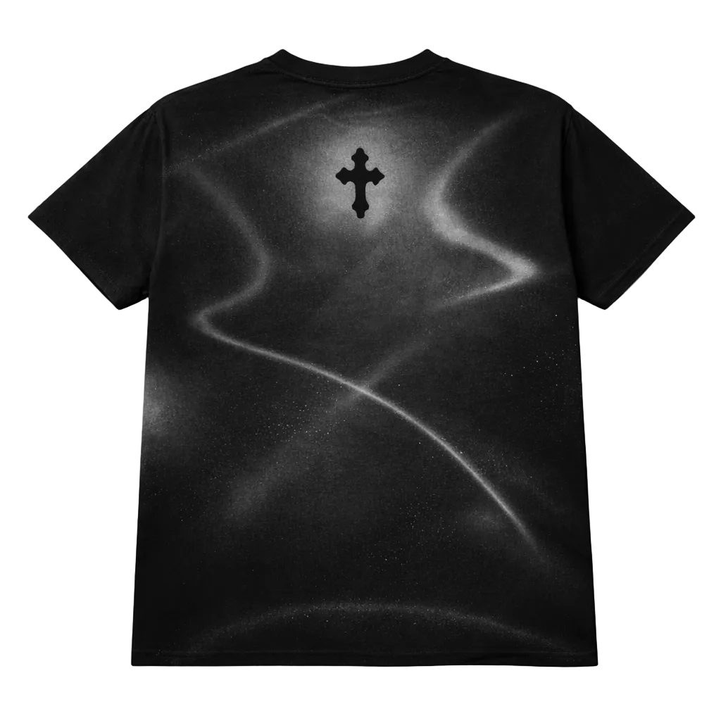 Black t-shirt with a cross design on the back against a white background