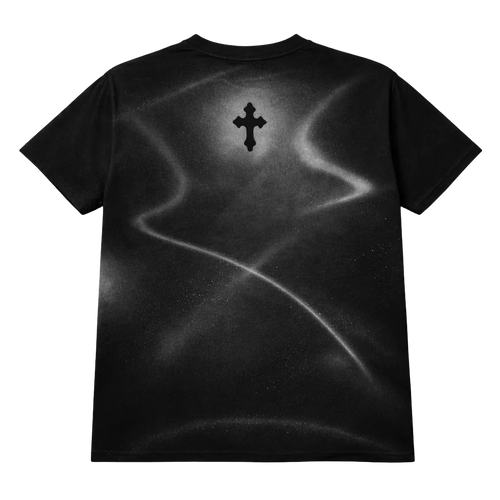 Black t-shirt with a cross design on the back against a white background